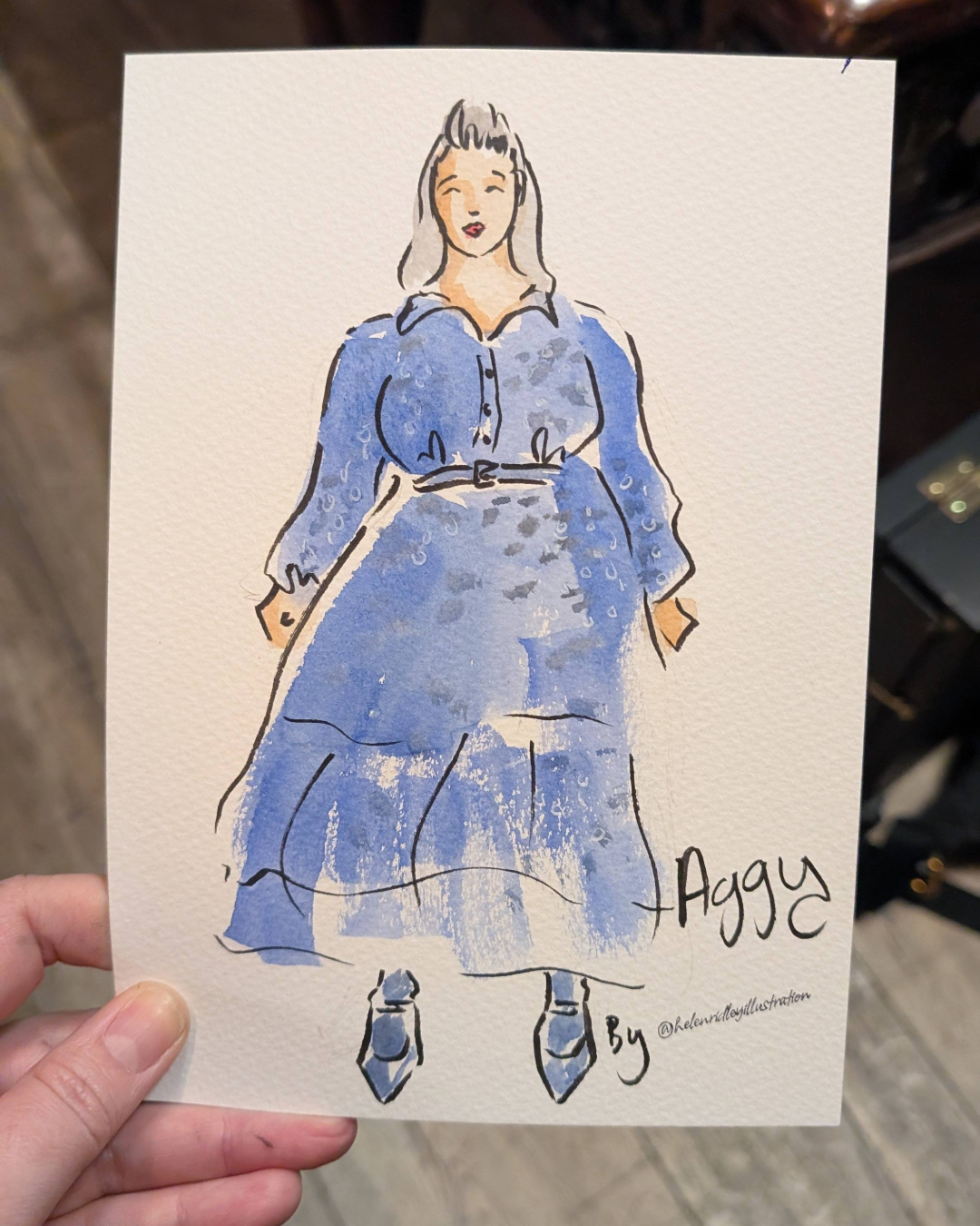 Custom watercolour illustration portrait of a lady in a blue dress illustrated by Helen Ridley