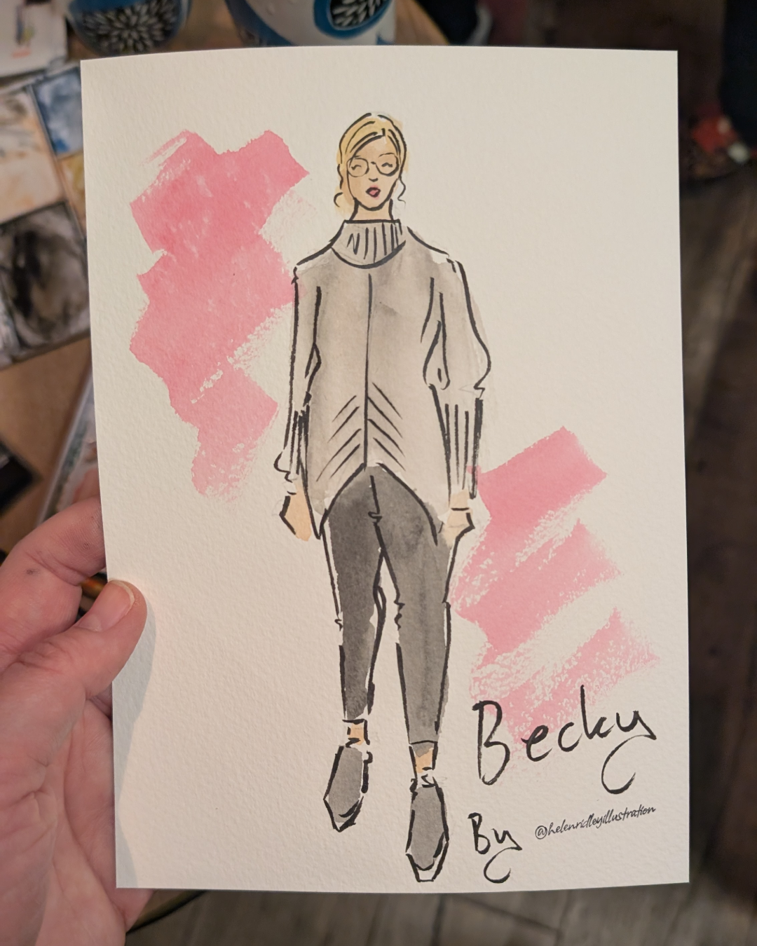 Custom watercolour portrait of a lady at a corporate event dressed in workwear