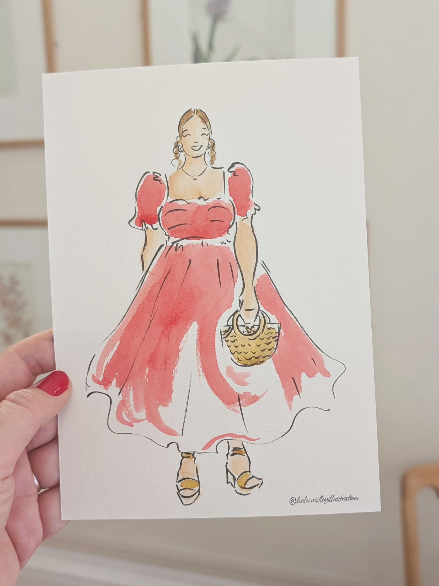 Watercolour portrait of wedding guest in red dress smiling