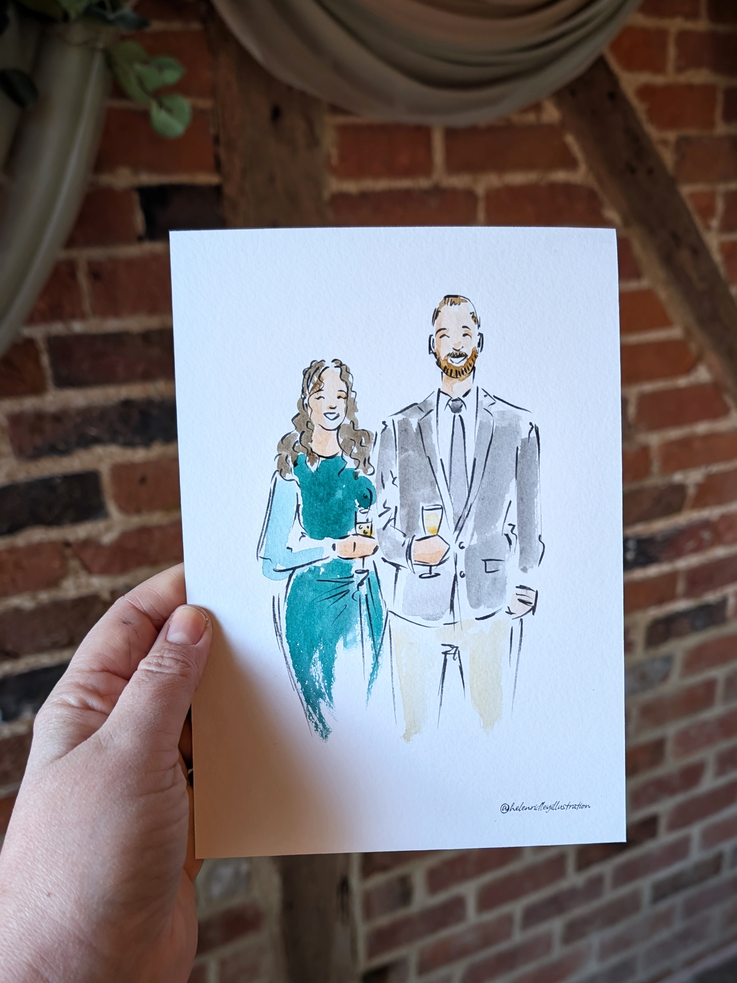 Wedding guest illustration with lady in green dress and man with beard and grey suit