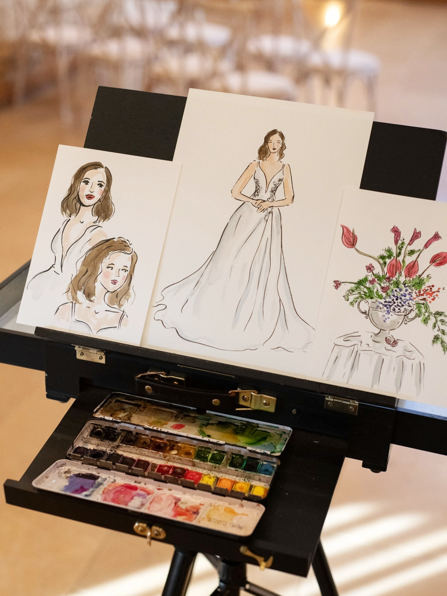 Luxurious white wedding dress illustrated by Helen Ridley