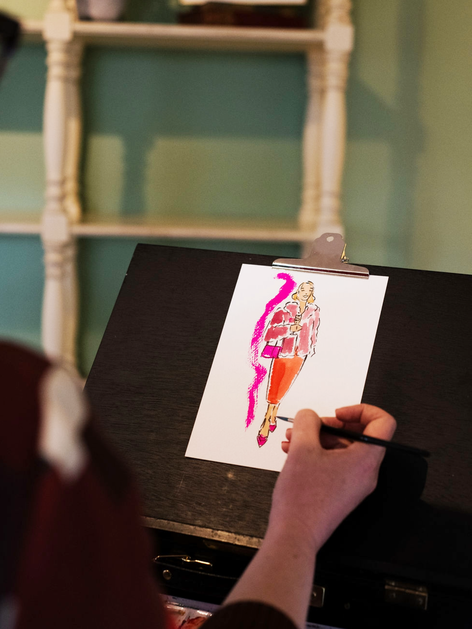 Pink and orange fashion illustration in watercolour by Helen Ridley 