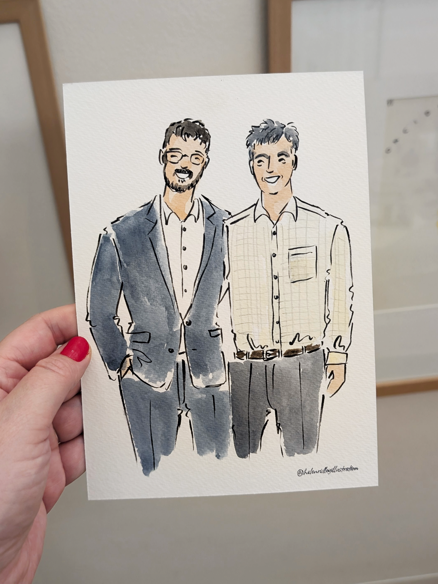 Two male wedding guests wearing a dark blue suit and cream shirt smiling illustrated by Helen Ridley
