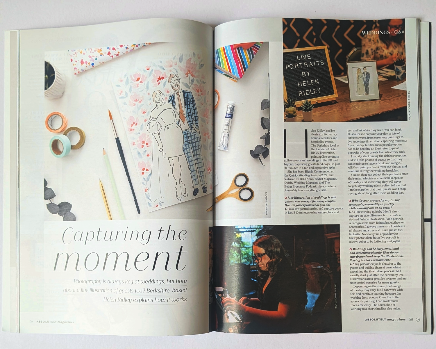 Close up of Illustrator Helen Ridley feature in Absolutely Berkshire magazine with illustrated wedding portraits