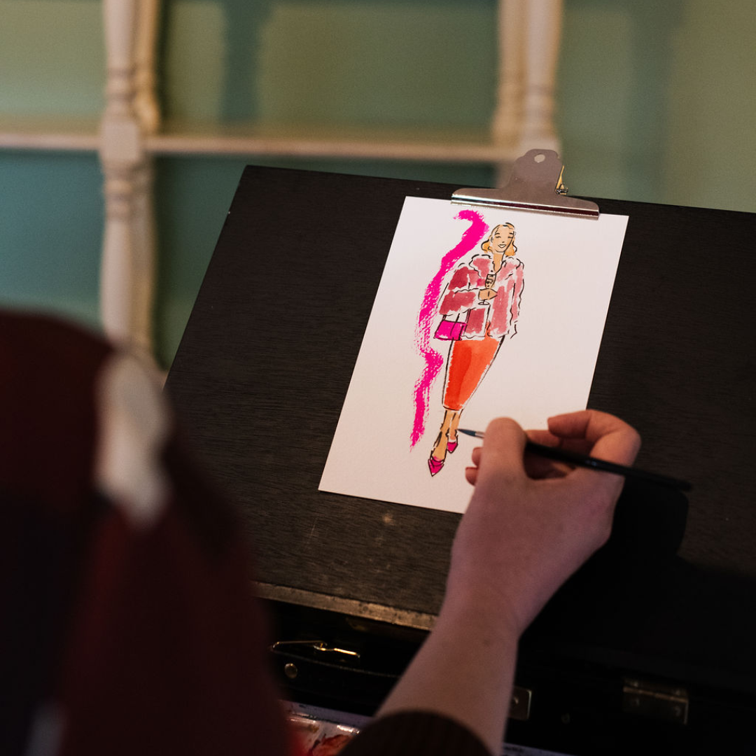 Helen ridley watercolour fashion illustration on easel
