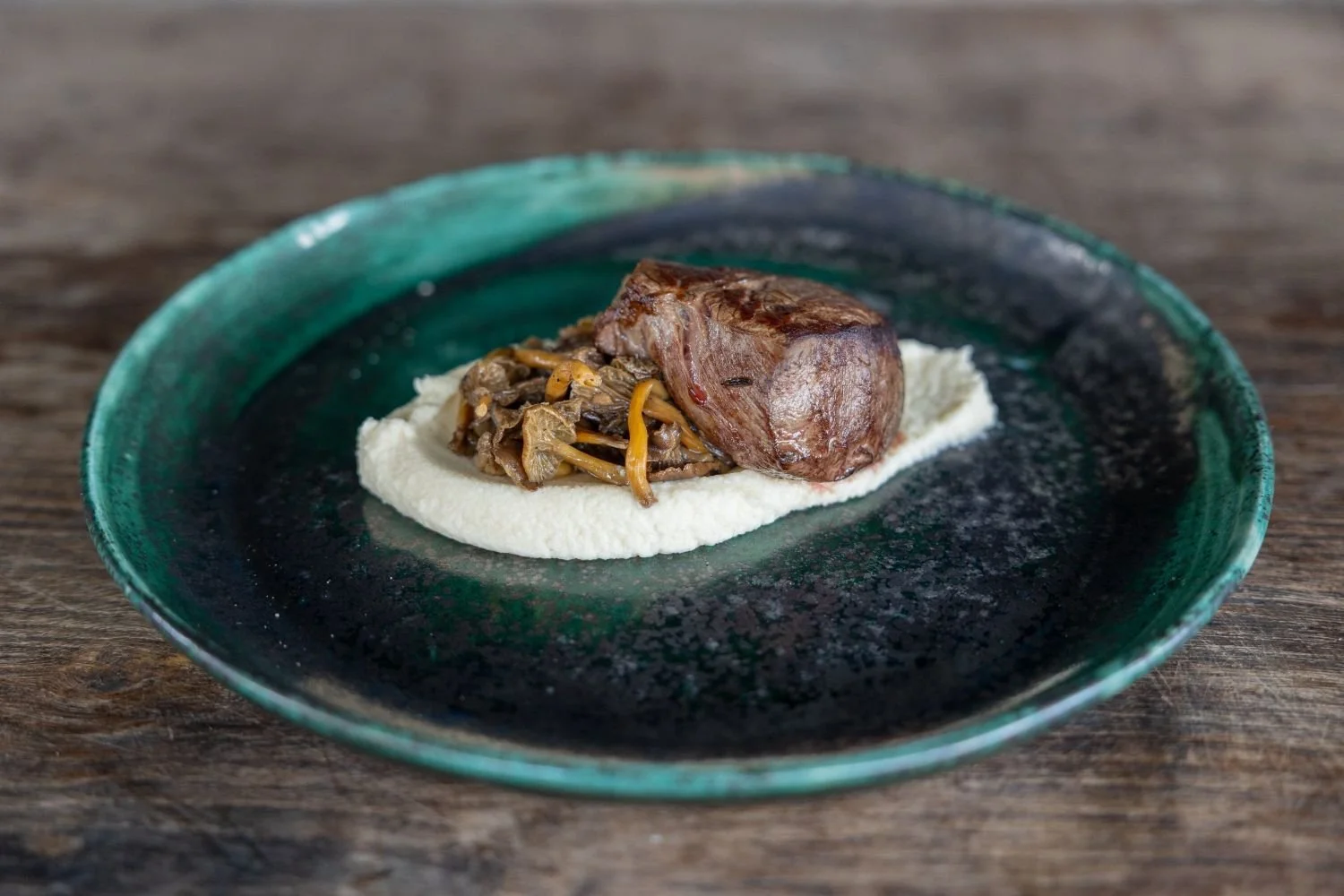 A dish with a piece of cooked meat, served on a bed of mushrooms and white creamy puree on a dark green ceramic plate placed on a wooden surface.