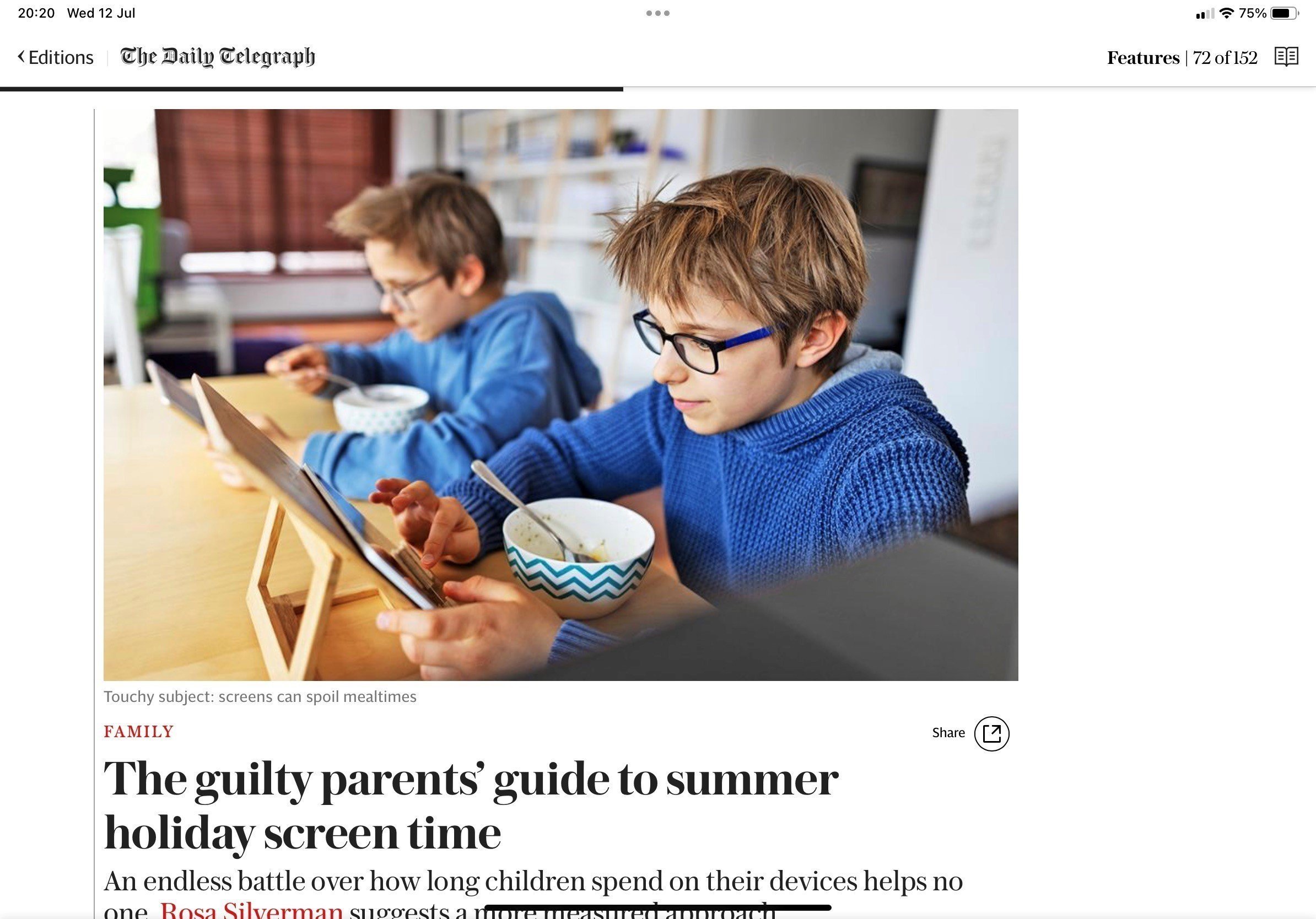 The Guilty Parents Guide to Summer Holiday Screen Time -Daily Telegraph July 2023