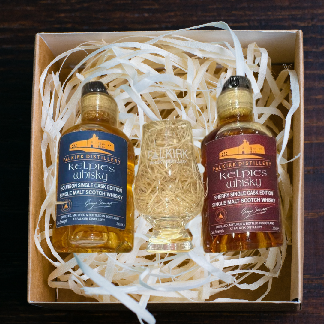 Kelpies Whisky Bourbon & Sherry Edition Set - 20cl  with Glencairn Glass (optional Glencairn pipette)