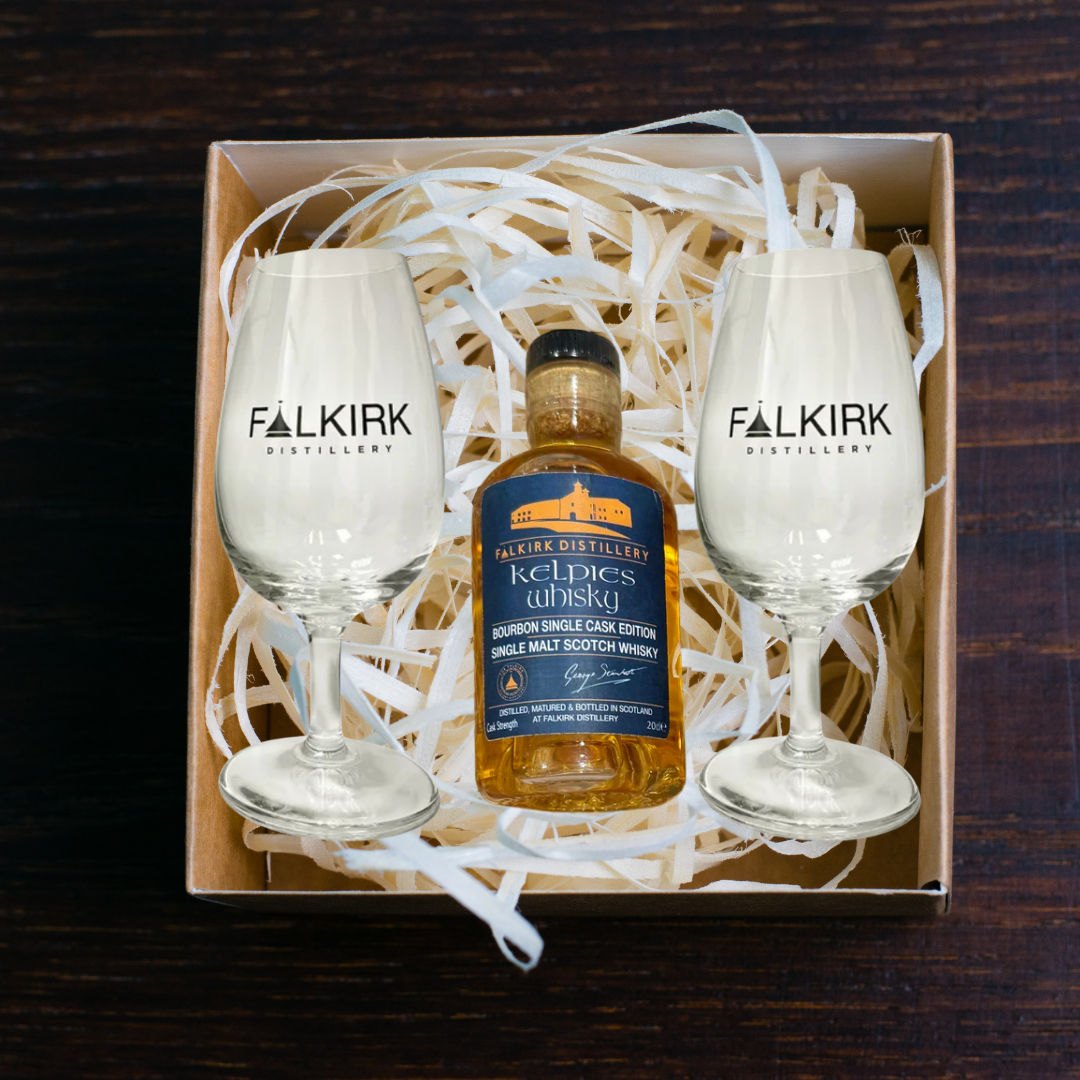 Kelpies Whisky Bourbon Edition Gift Set - 20cl, two branded copita glasses (optional Glencairn pipette)
