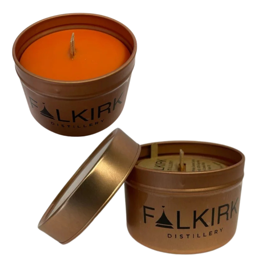 Falkirk Distillery-branded Whisky Scented Soya Wax Wood Wick Candle Tin
