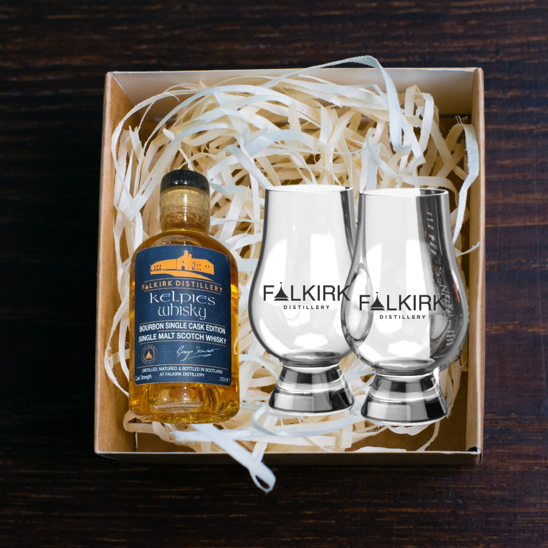 Kelpies Whisky Bourbon Edition Gift Set - 20cl, two branded Glencairn glasses (optional Glencairn pipette)