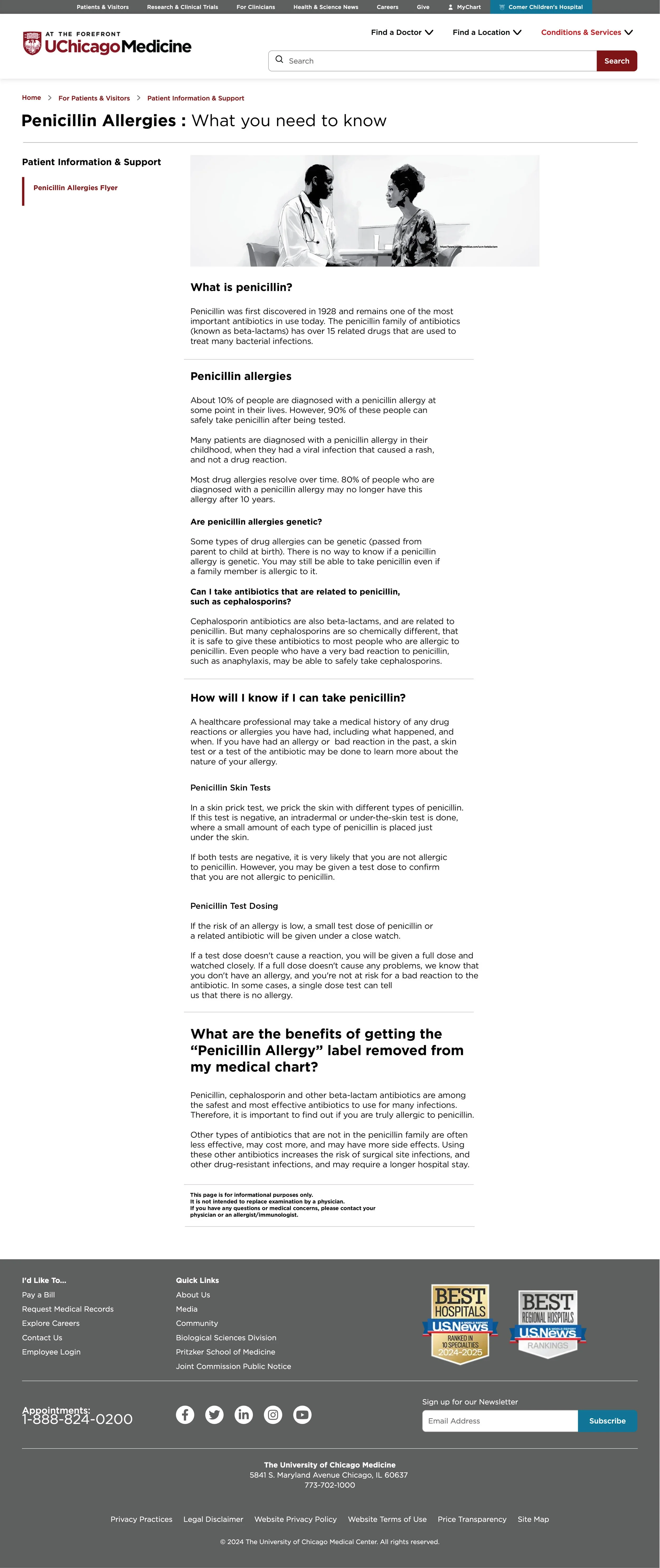 A web page for Penicillin Allergies from University of Chicago Medicine