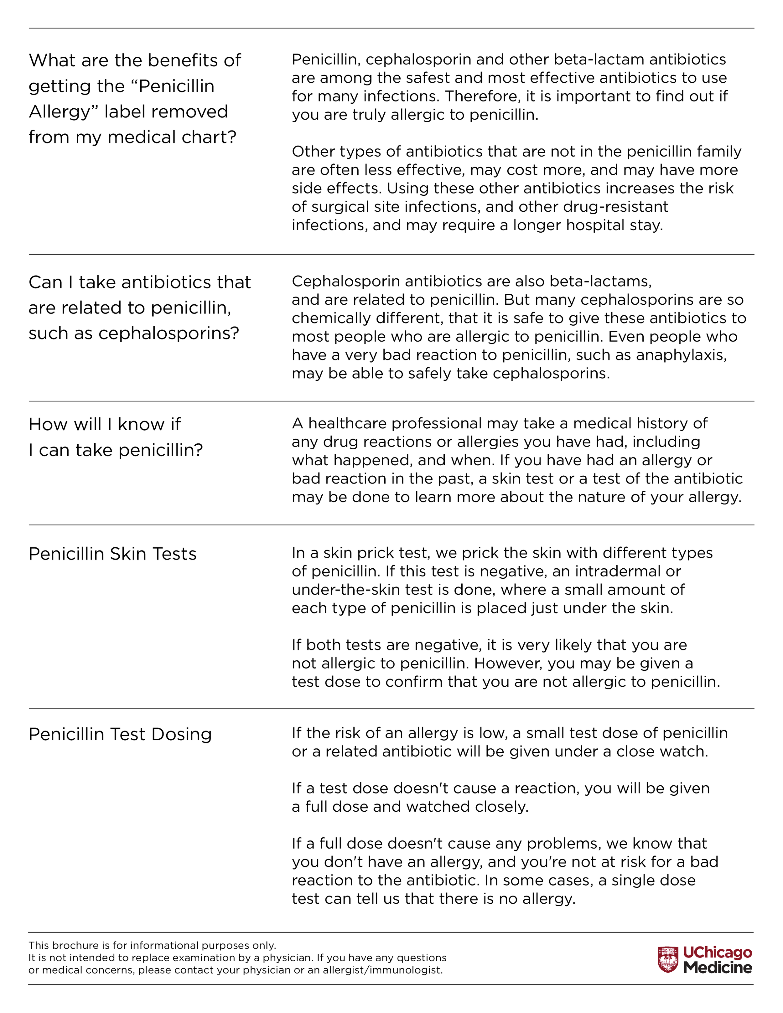 A flyer for Penicillin Allergies from University of Chicago Medicine