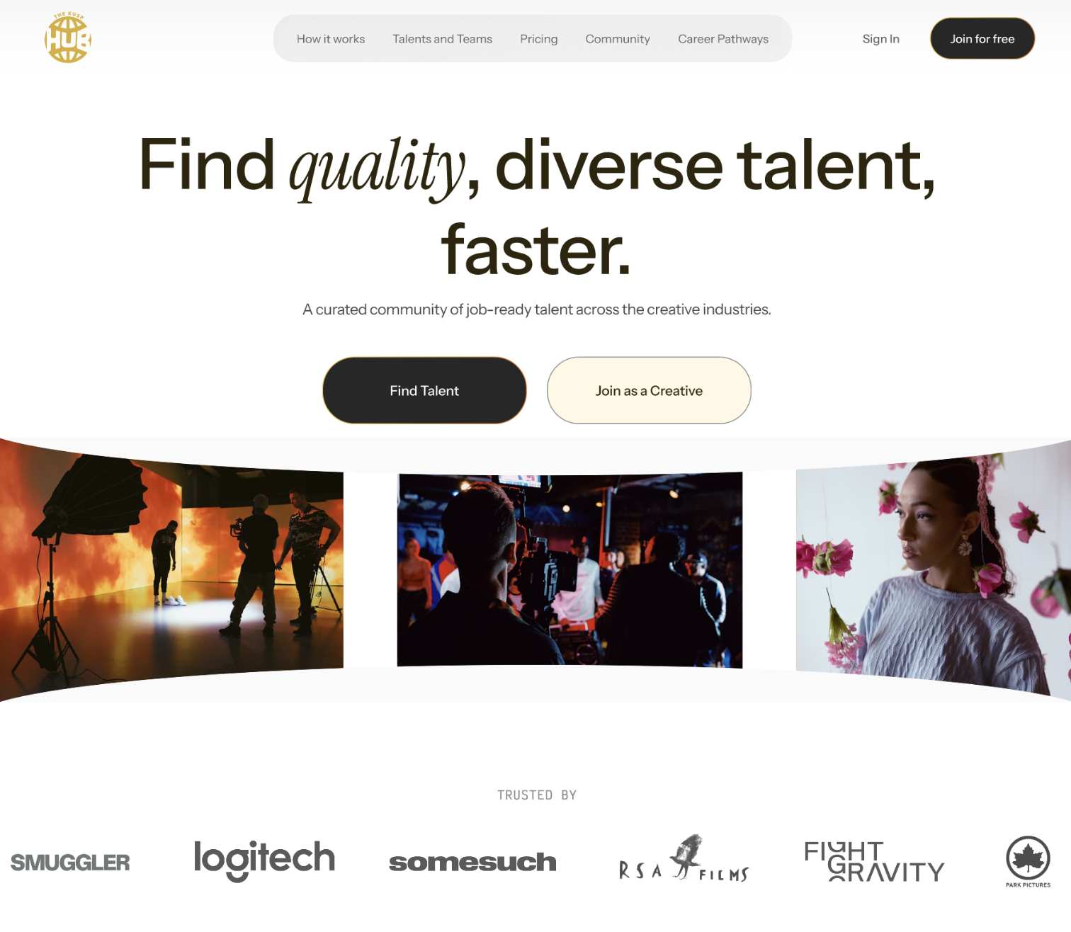 Screenshot of a website homepage for a talent recruitment platform, featuring a slogan 'Find quality, diverse talent, faster,' with buttons labeled 'Find Talent' and 'Join as a Creative,' and images of a film set, a filming crew, and a woman with flowers in the background.