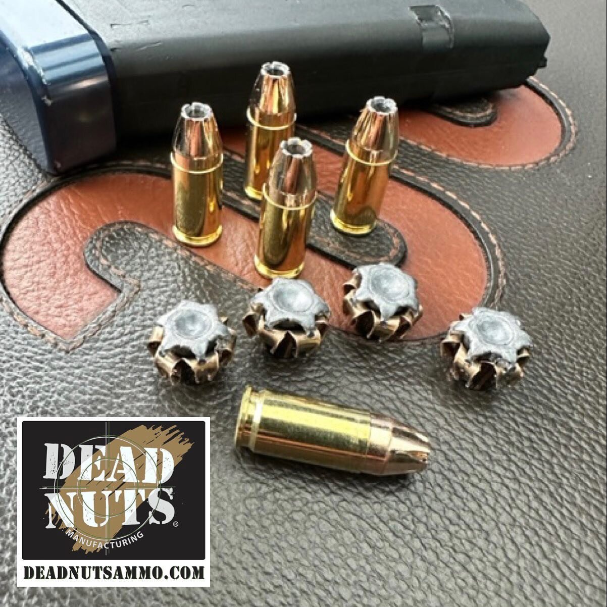 Just finished the design and testing of our new Dead Nuts 9MMJHP DFN (Defense) bullet. 
The results: 
Consistent and complete flowering through FBI Ballistics Gel. 
Available now in 115 gain and 124 grain. #deadnhtsmfg #copperjacketed #texas