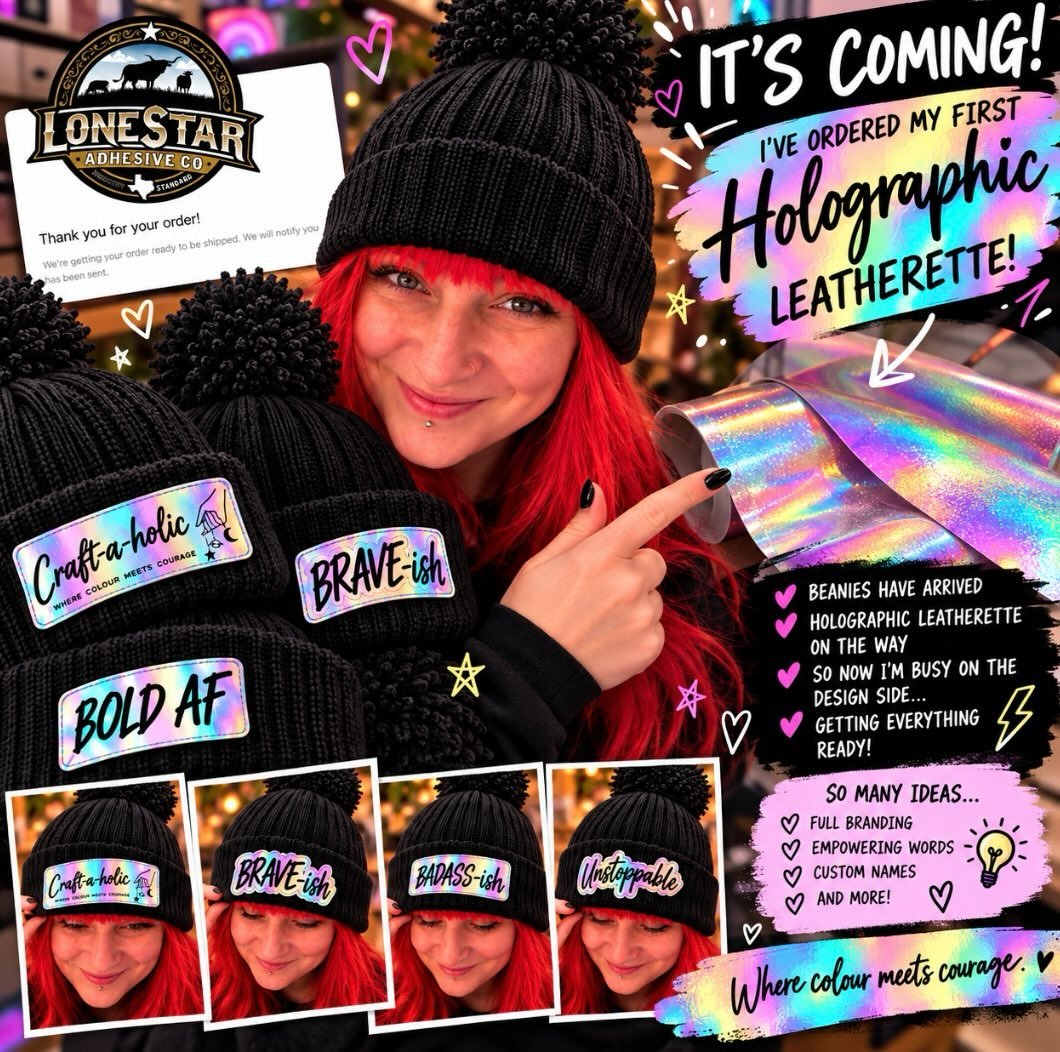 🌈✨ IT&rsquo;S OFFICIAL&hellip; I&rsquo;VE ORDERED IT!! ✨🌈

My first ever order of holographic leatherette is on its way and I am ridiculously excited 😂😍

The super chunky beanies are already here 🖤🧶 so while I&rsquo;m (im)patiently waiting for 