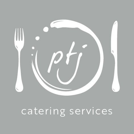Logo for PTJ Catering Services featuring a plate, fork, knife, and the company initials 'ptj' in the center.