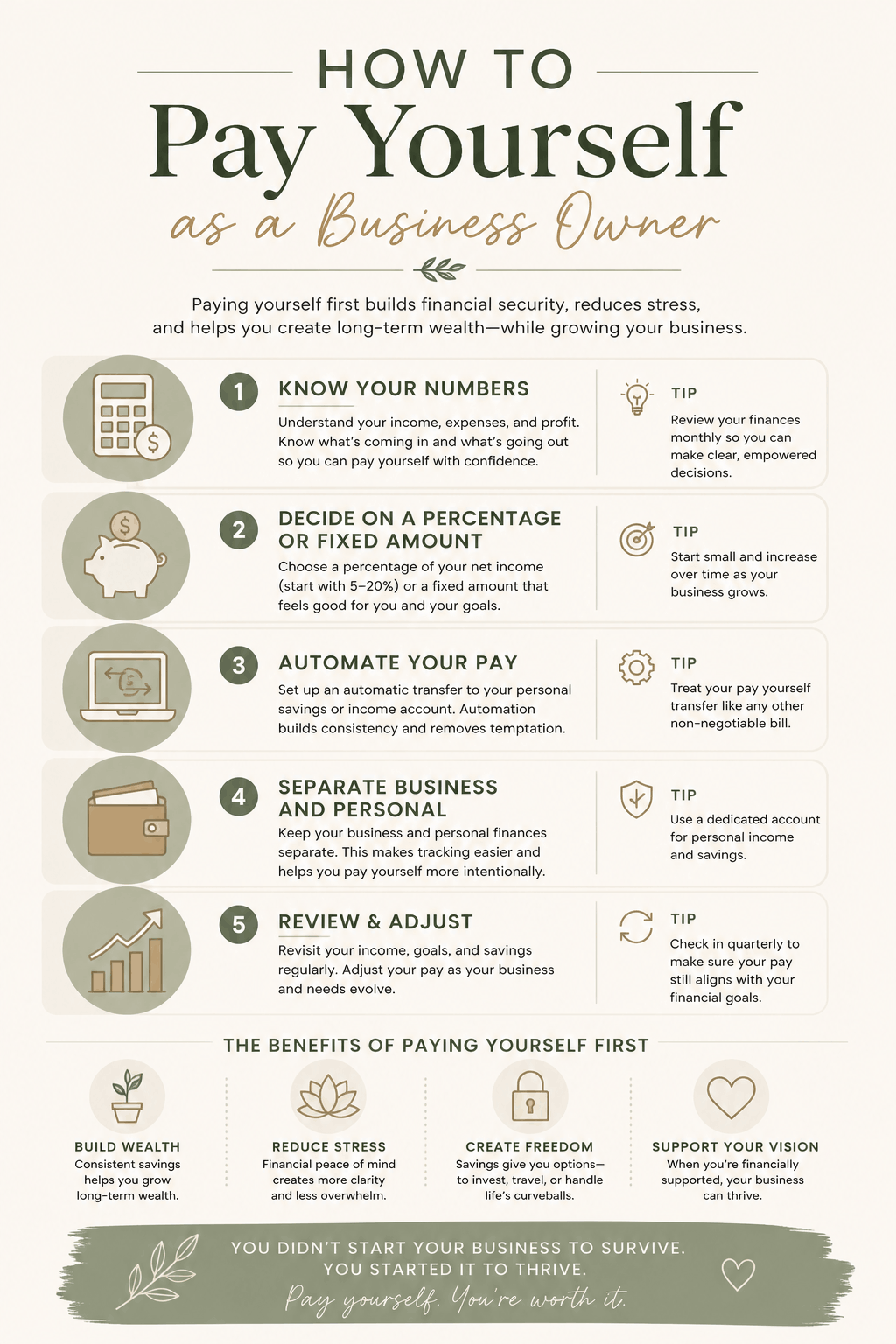 Infographic explaining how to pay yourself as a business owner through budgeting, automation, savings strategies, and intentional financial planning for entrepreneurs.