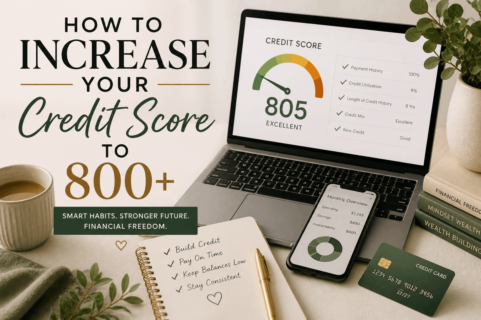 Credit score improvement blog cover featuring a laptop with credit score dashboard, budgeting tools, notebook, and credit cards representing healthy credit habits and financial growth.