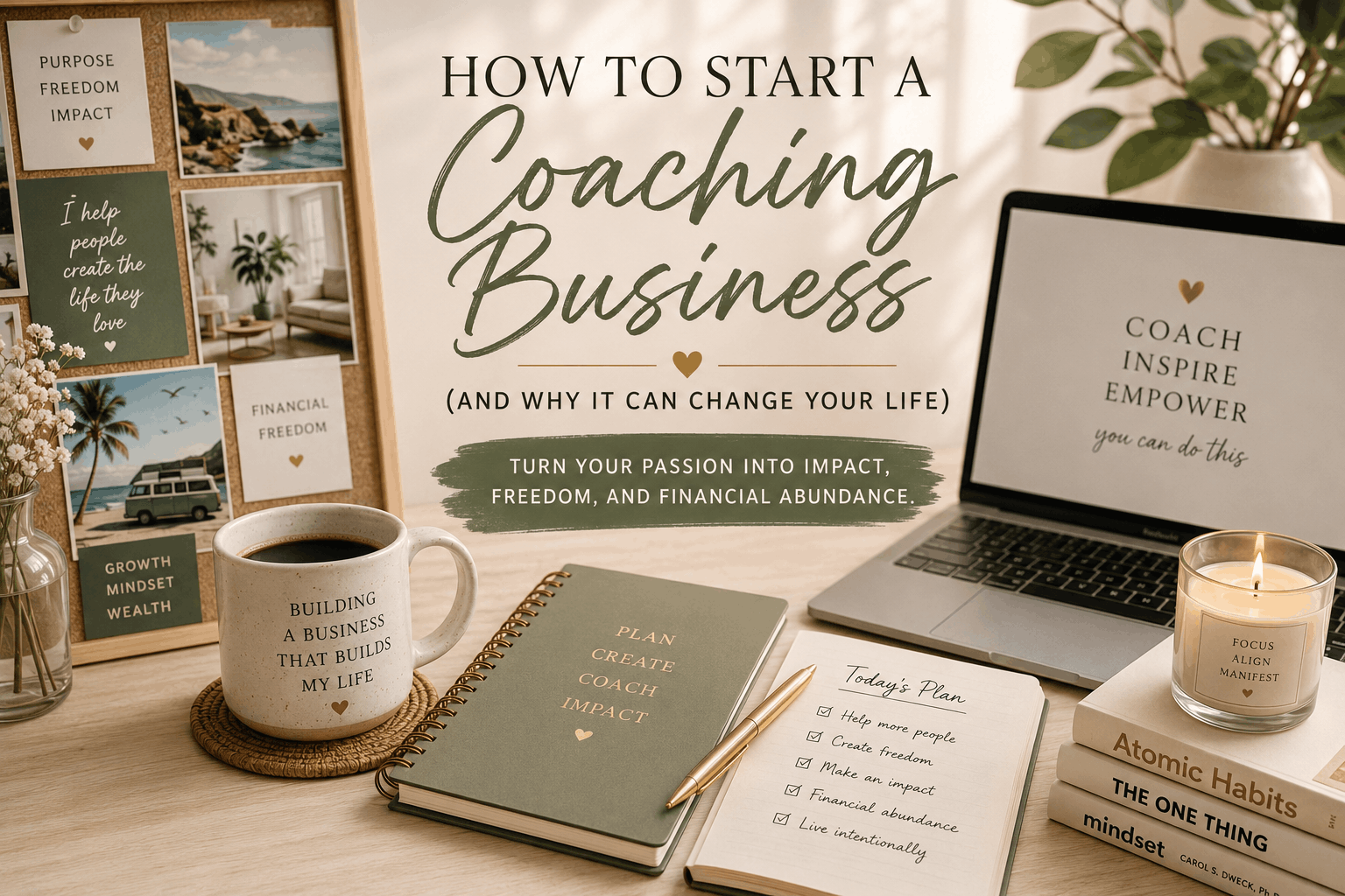 Warm neutral-toned coaching business workspace with laptop, coffee, journal, vision board, and entrepreneur planning aesthetic representing how to start coaching and coaching business tips.