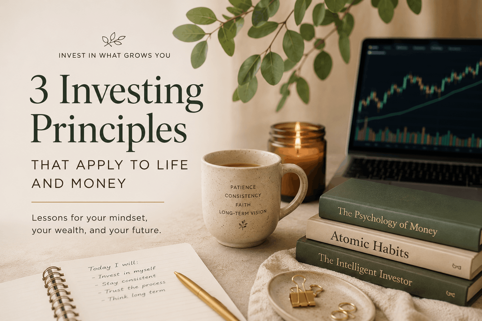 Editorial-style blog cover featuring investing books, journal, candles, and calming workspace representing investing principles, emotional wealth, and developing a healthy investing mindset.