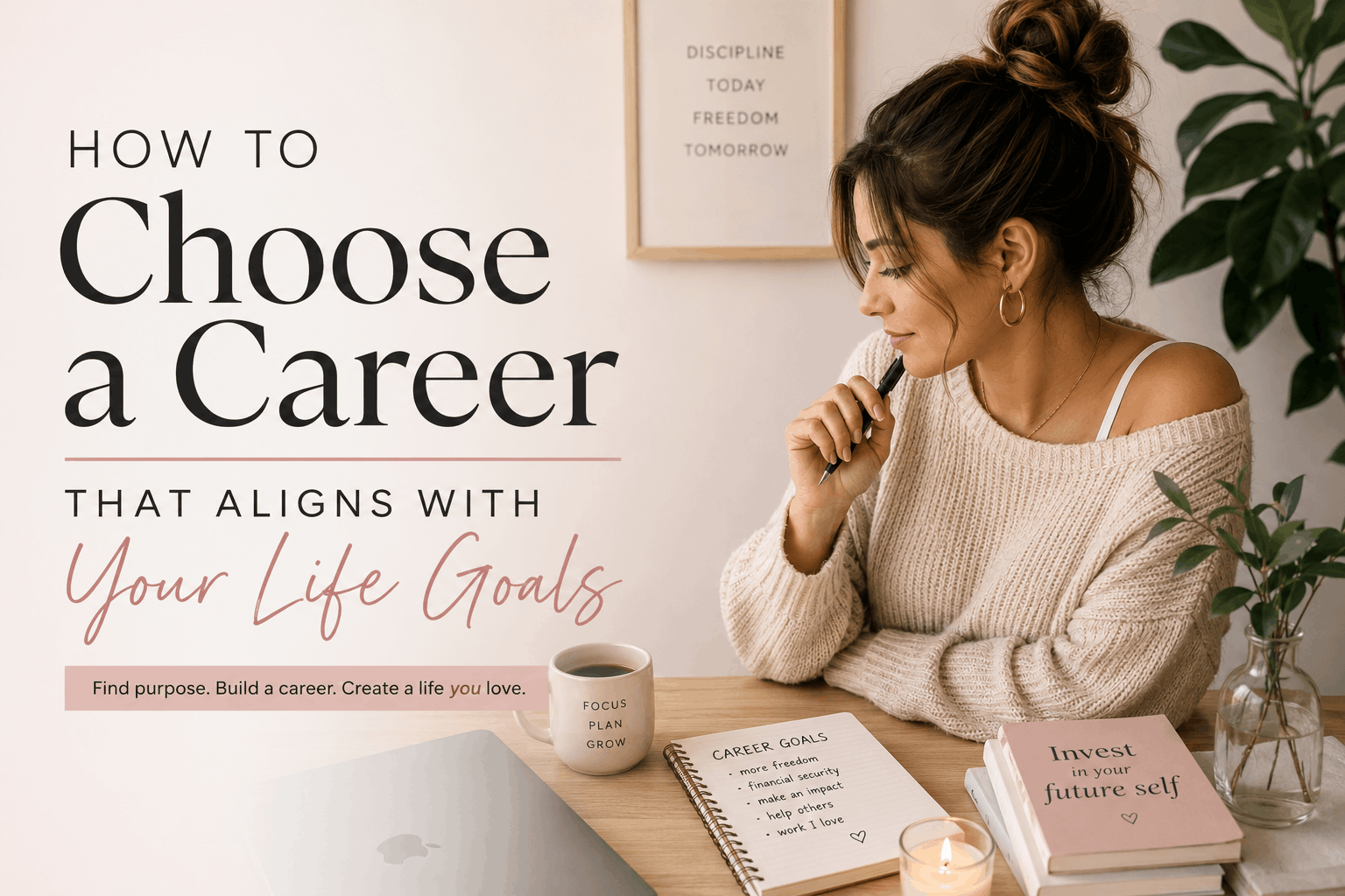 Woman reflecting on how to choose a career that aligns with her life goals, values, and purpose while journaling at a desk
