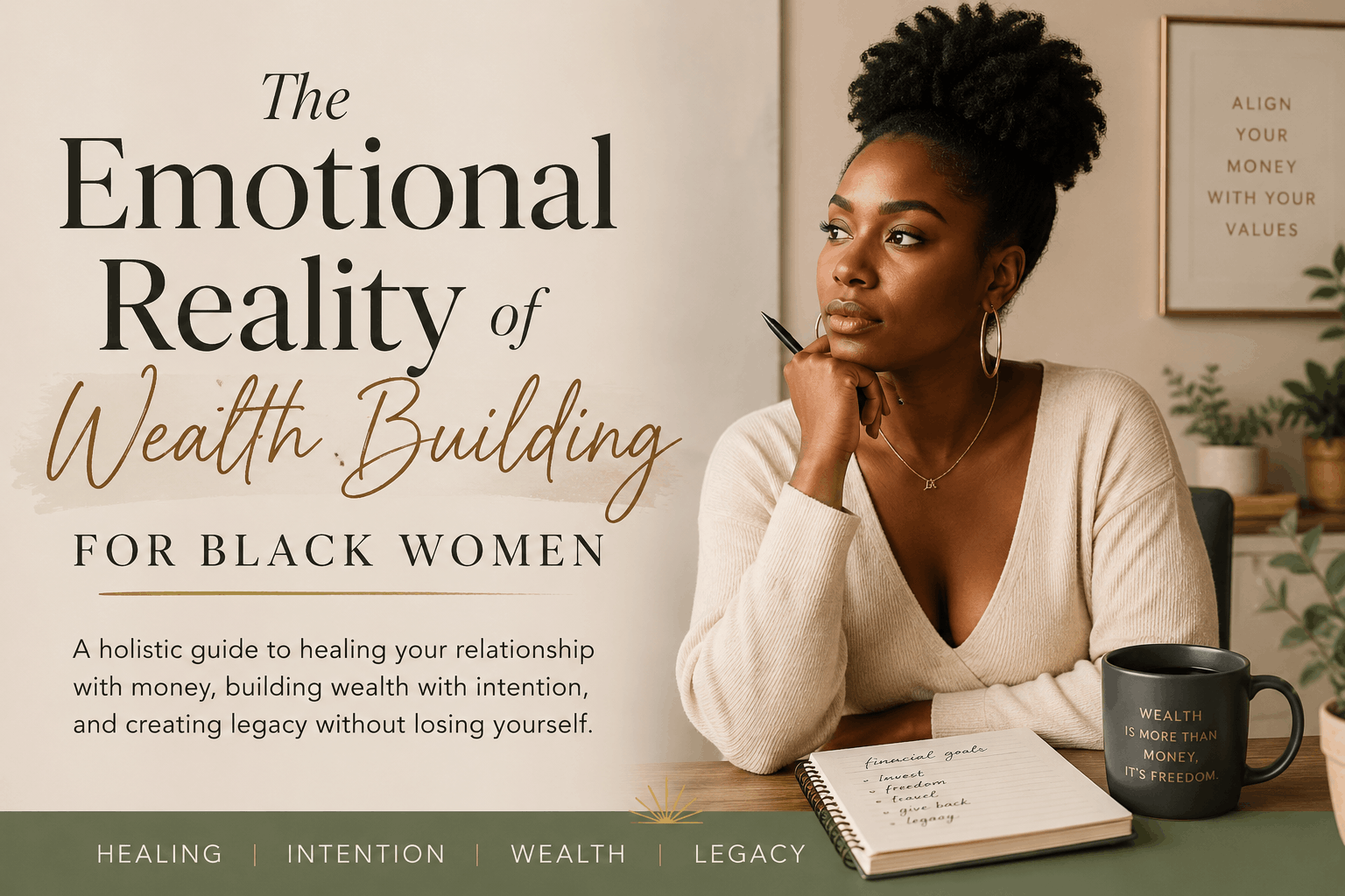 Black woman sitting thoughtfully at a desk in a warm neutral-toned space beside the title ‘The Emotional Reality of Wealth Building for Black Women,’ representing emotional wellness, financial healing, and holistic wealth building.