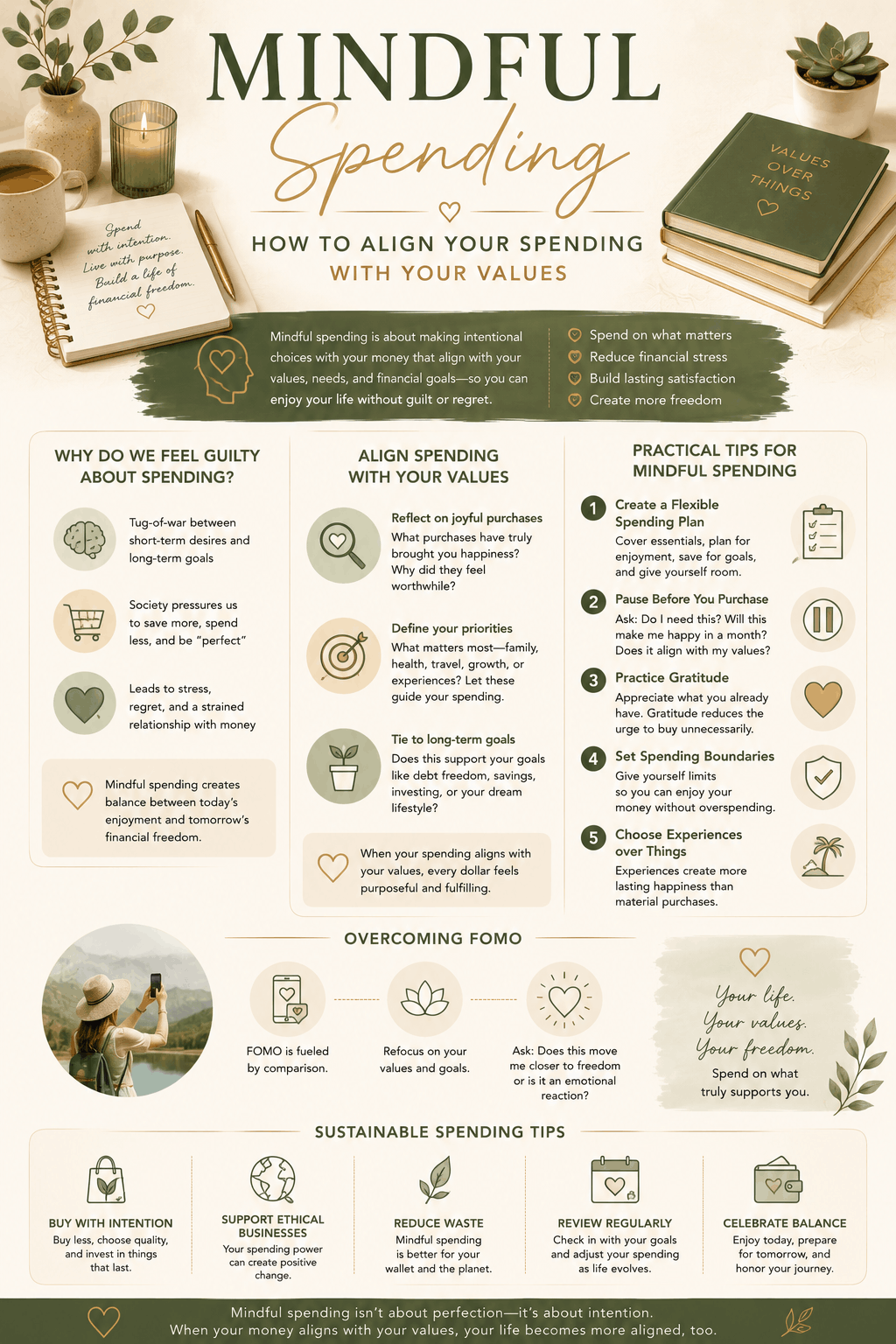 Infographic explaining mindful spending, intentional spending habits, emotional spending triggers, and how to spend money in alignment with your values and goals.
