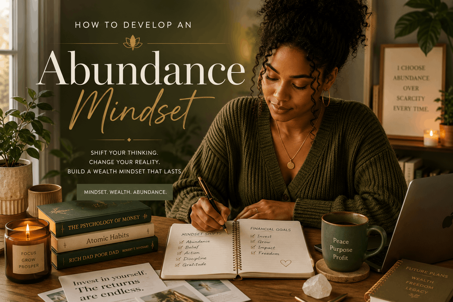 Black woman journaling at a cozy earthy-toned desk representing abundance mindset, financial growth, and intentional wealth building.