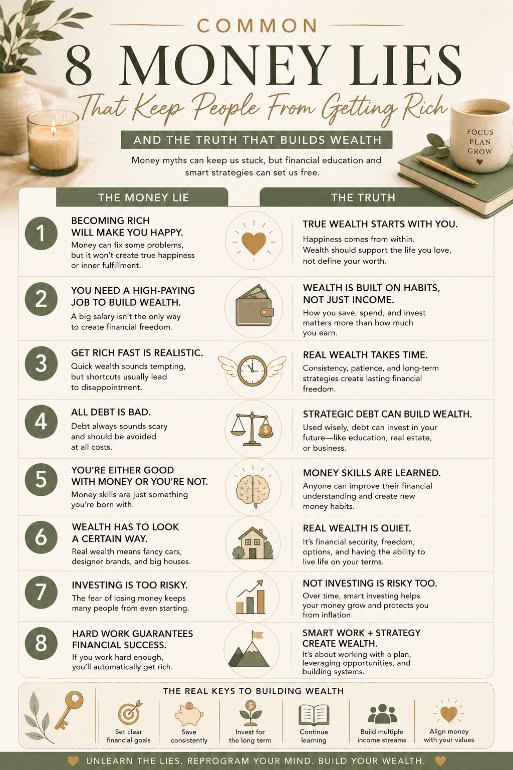 Infographic explaining common money myths including get rich fast mindset, income myths, investing fears, debt misconceptions, and the real keys to building wealth.