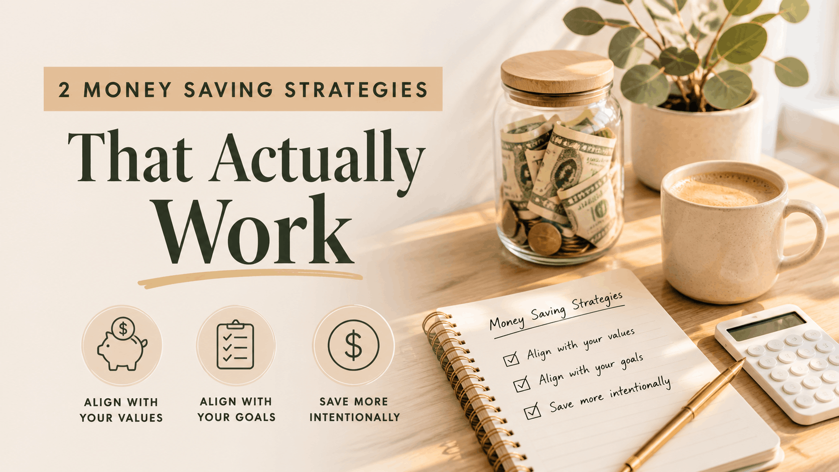 Minimalist finance blog cover featuring a budgeting notebook, coffee mug, savings jar, and neutral workspace representing money saving strategies and intentional spending habits.