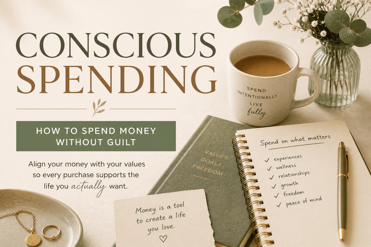 Conscious spending blog cover featuring a notebook, coffee mug, and wellness-inspired workspace focused on aligning money with values and spending intentionally without guilt.