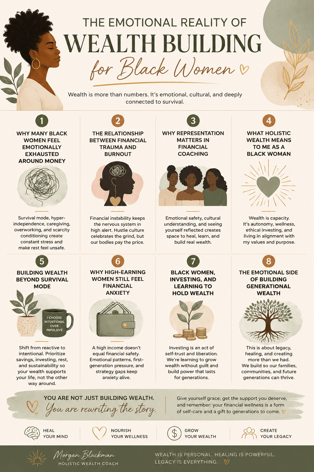 Infographic explaining the emotional reality of wealth building for Black women, including financial trauma, burnout, investing, generational wealth, and building wealth beyond survival mode.