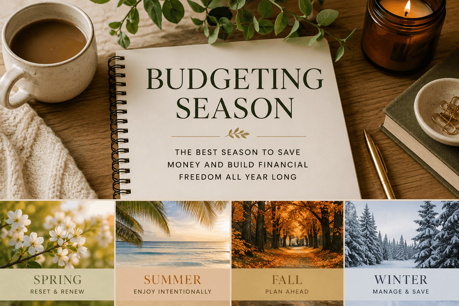 Image of budget planner in a cozy earthy-toned home environment representing seasonal budgeting and intentional financial planning.