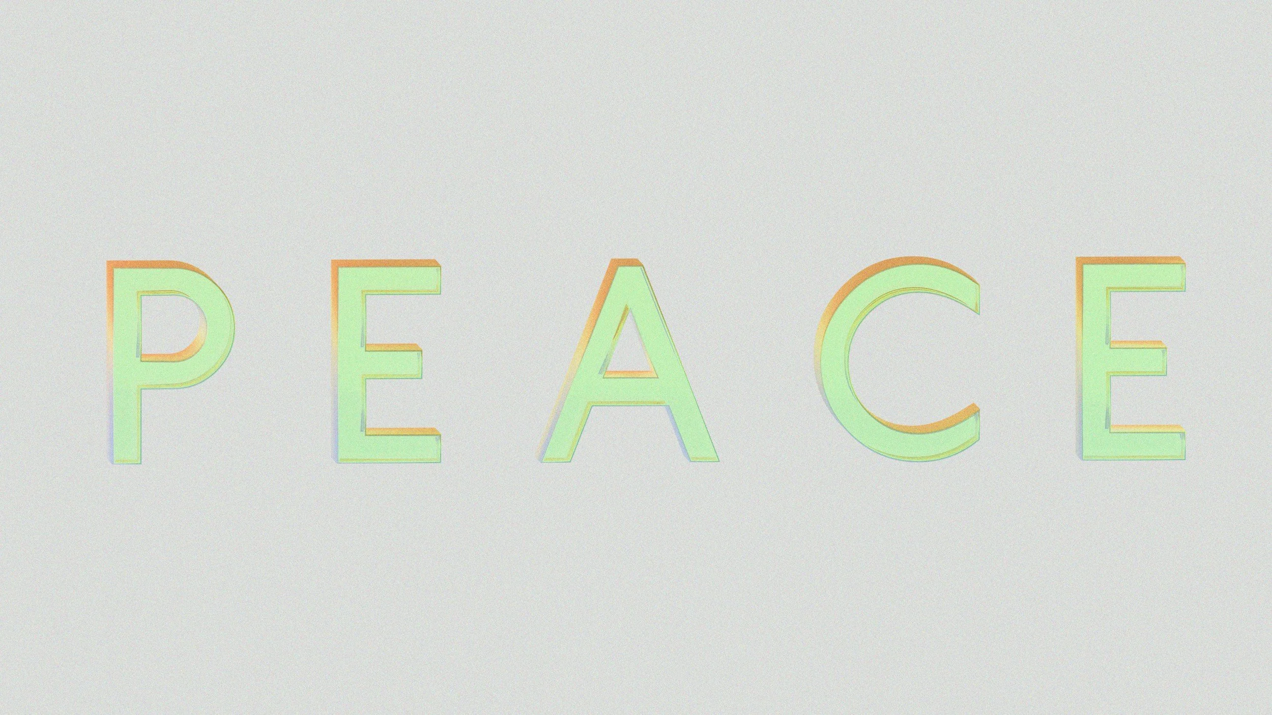 Light green neon letters spelling out peace against light minimal grey backround
