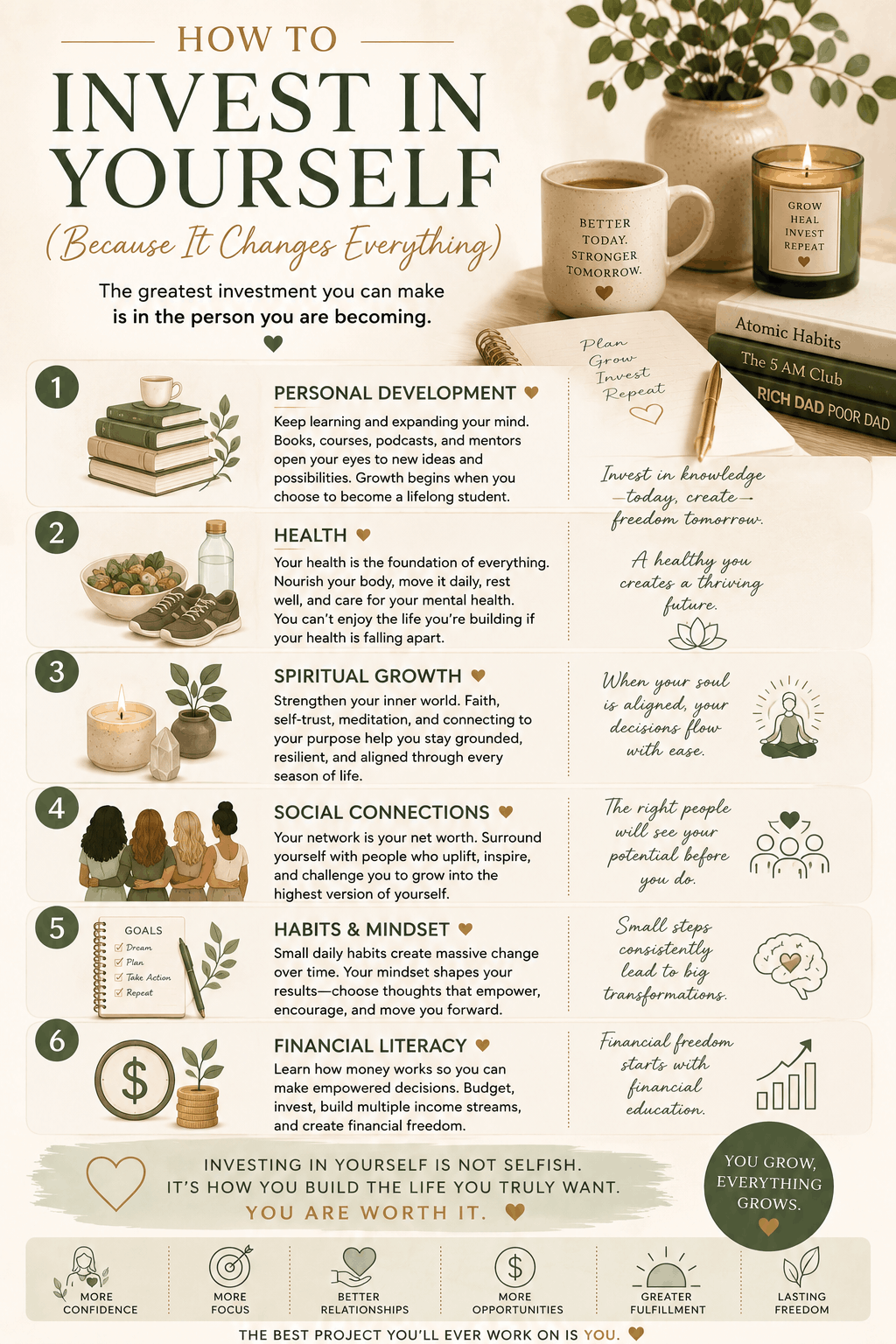 Infographic explaining how to invest in yourself through personal development, health, spiritual growth, financial literacy, mindset, and self growth habits in a calming neutral-toned design.