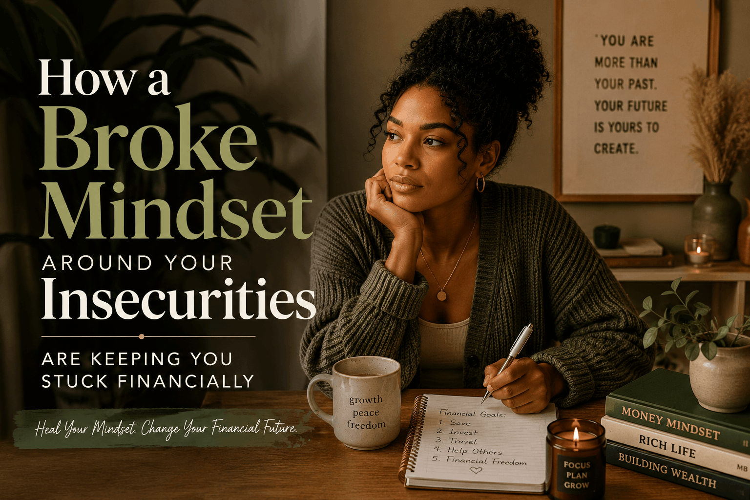 Black woman journaling and reflecting on finances in a cozy earthy-toned room representing emotional healing, insecurities, and money mindset growth.