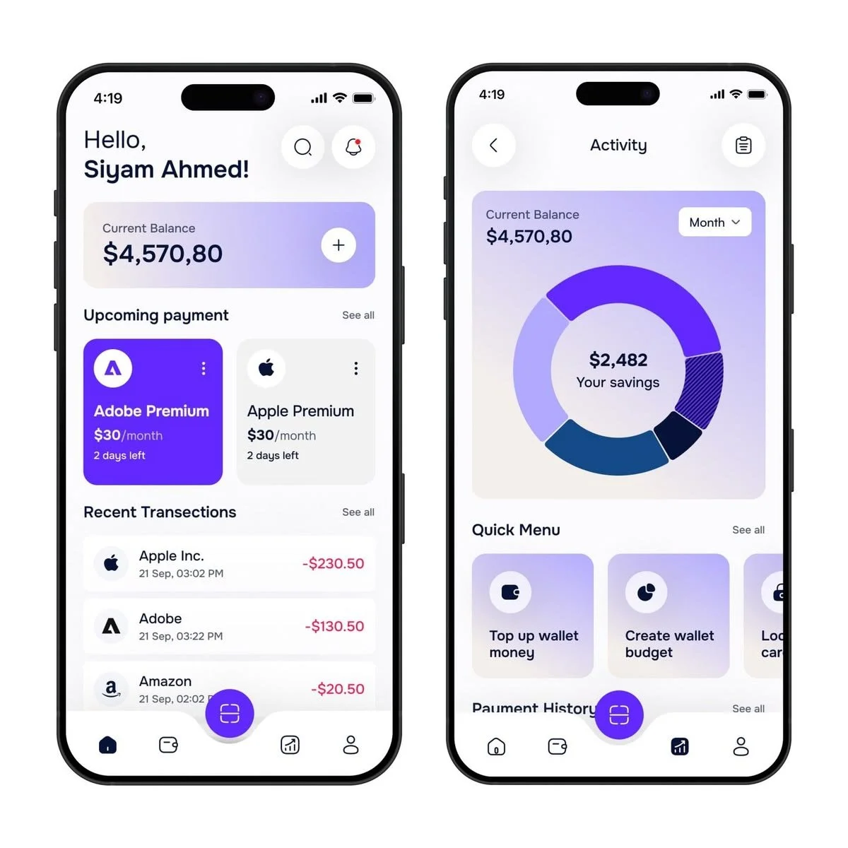 two outlines apple iphones depicting budgeting app with calculations and charts