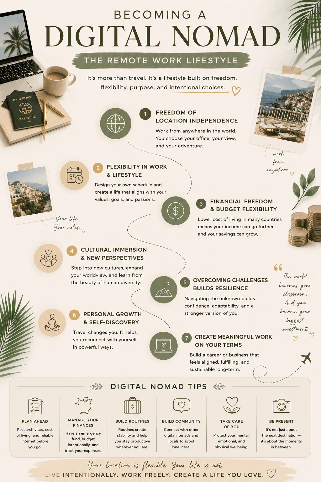 Infographic illustrating the emotional, financial, and lifestyle aspects of becoming a digital nomad including remote work, travel, flexibility, cultural immersion, and financial wellness.