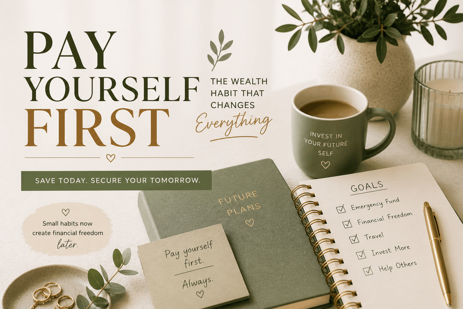 Pay yourself first blog cover featuring a calming neutral workspace with savings goals, coffee mug, notebook, and financial planning tools focused on building wealth through intentional saving habits.