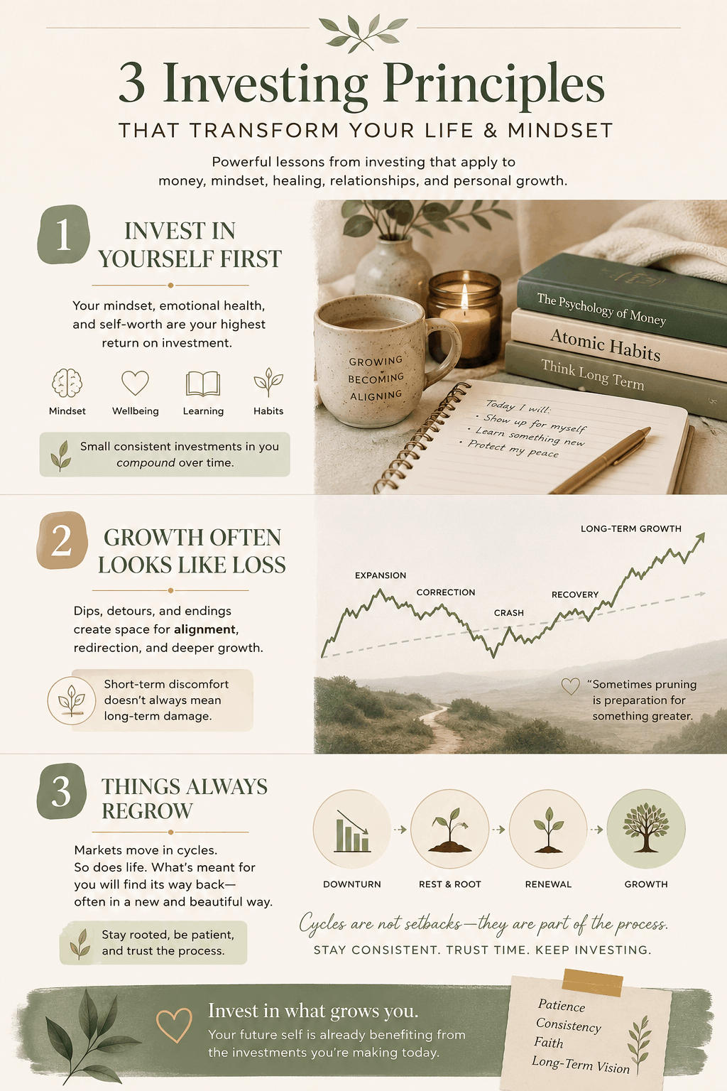Wellness-inspired infographic illustrating three investing principles for building emotional resilience, long-term wealth, and a healthy investing mindset.