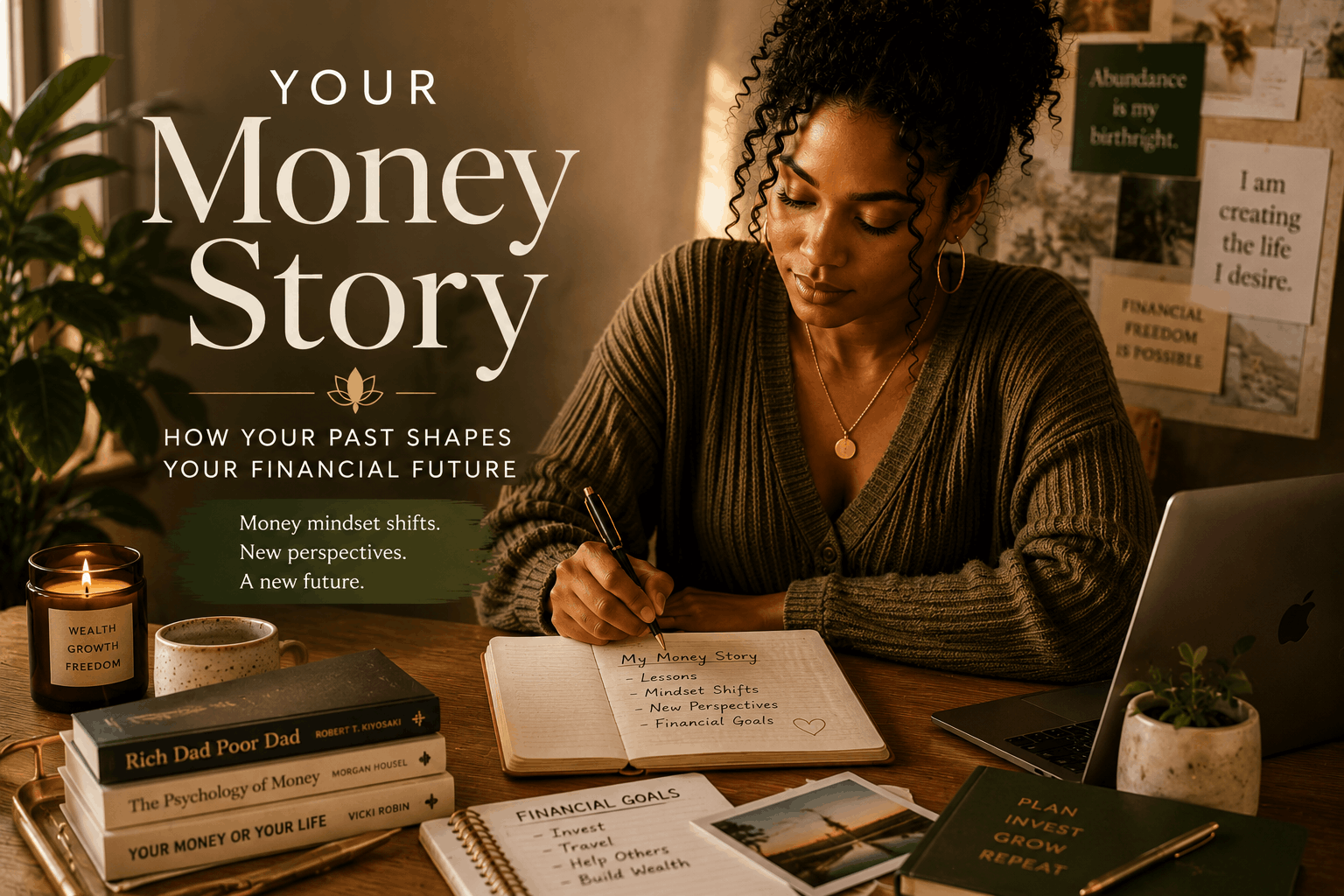 Black woman journaling about finances in a cozy earthy-toned room representing money mindset shifts, financial growth, and evolving money perspectives.