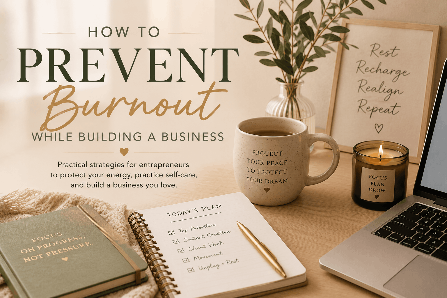 Warm neutral-toned entrepreneur workspace with journal, coffee, candle, laptop, and calming self-care aesthetic representing burnout prevention and sustainable business growth.