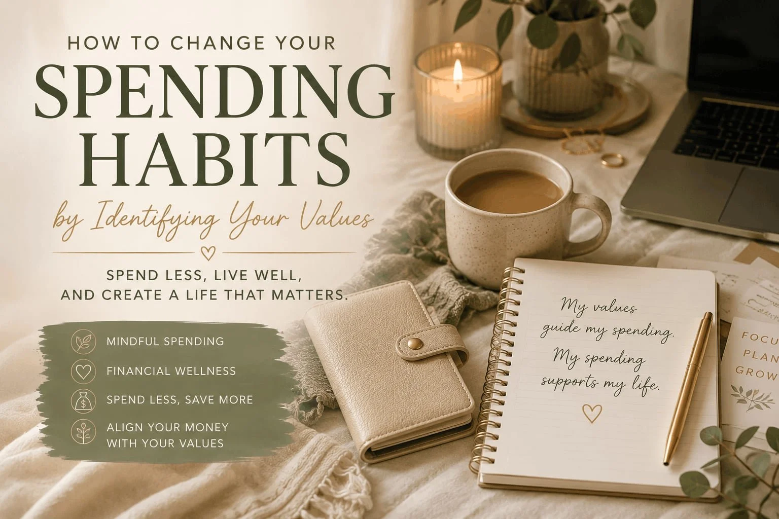 Editorial-style blog cover featuring budgeting journal, coffee, and calming neutral workspace representing mindful spending habits, financial wellness, and intentional living.