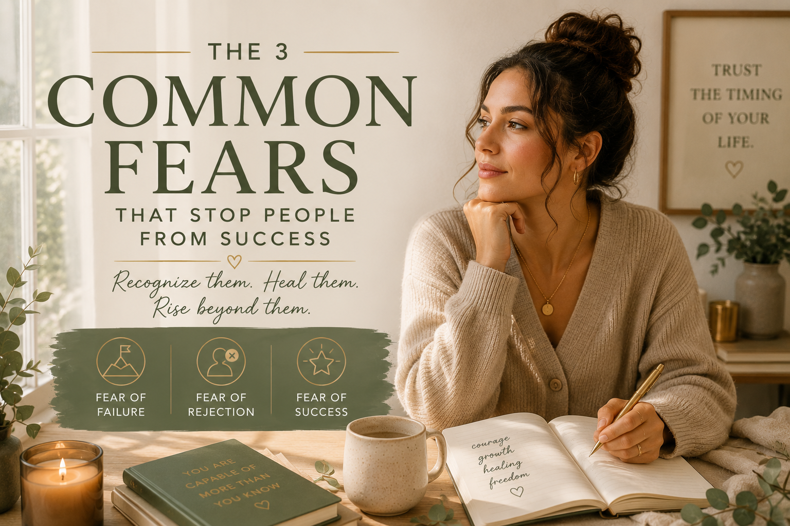 Editorial-style blog cover featuring a reflective woman journaling near a softly lit window representing common fears, fear of success, emotional healing, and personal growth.