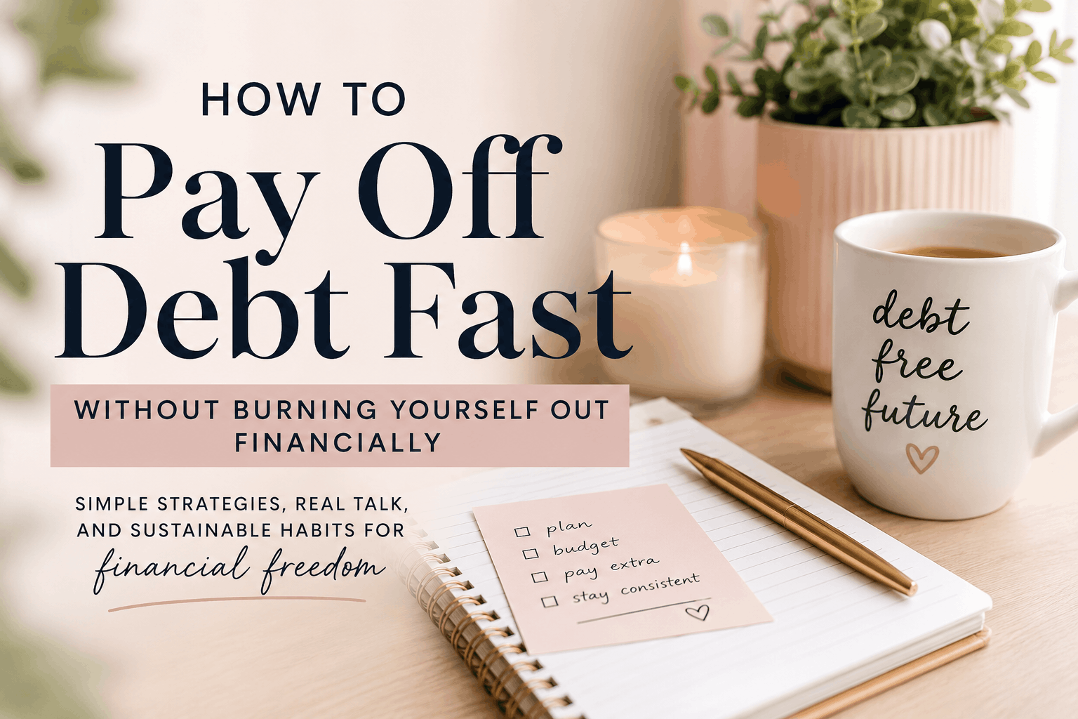Neutral-toned editorial blog cover featuring cozy desk elements, coffee, candle, notebook, and calming financial planning visuals representing sustainable debt payoff strategies and financial wellness.