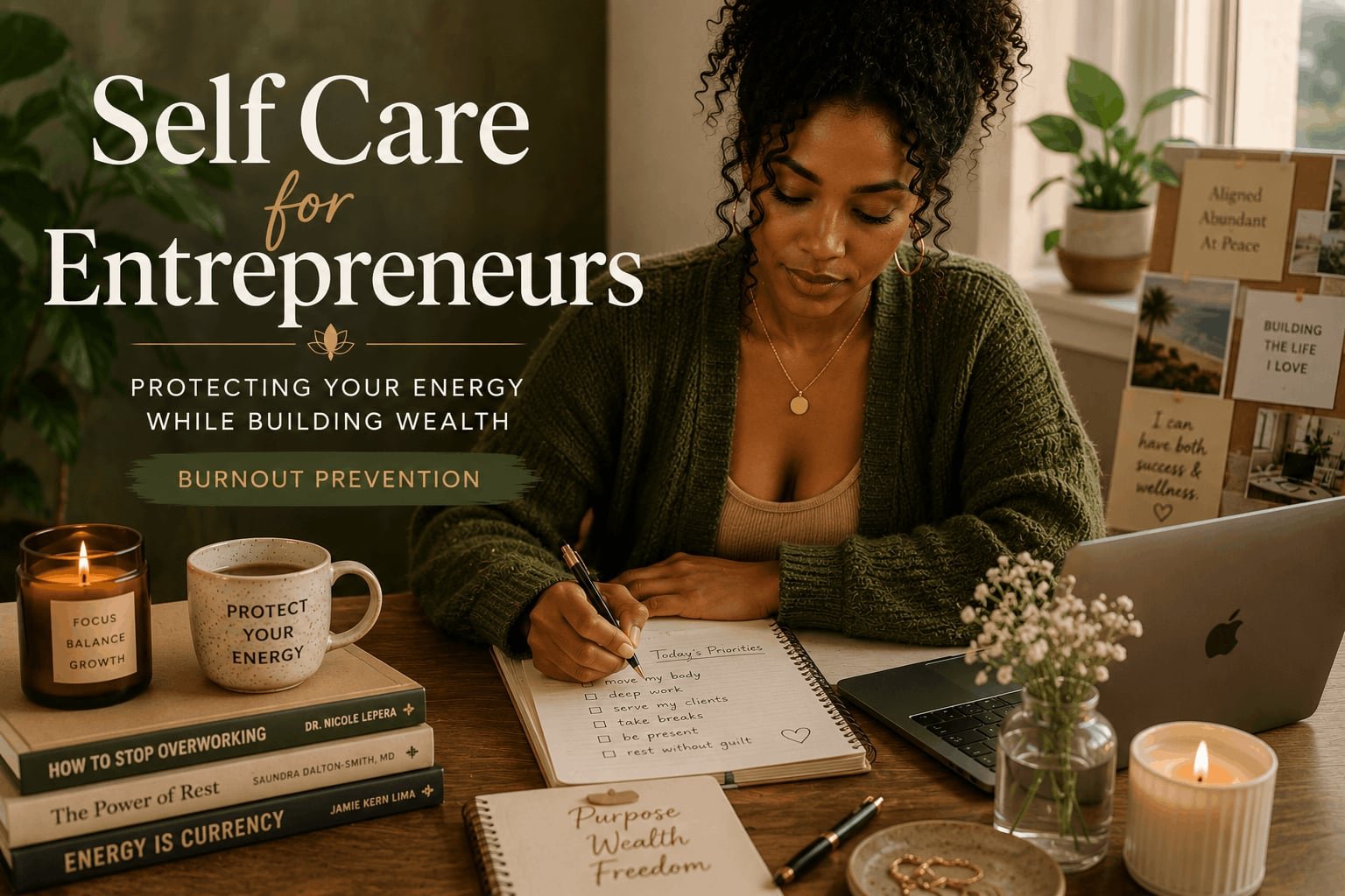 Black woman entrepreneur journaling in a cozy earthy-toned workspace representing self care, burnout prevention, and sustainable entrepreneurship.