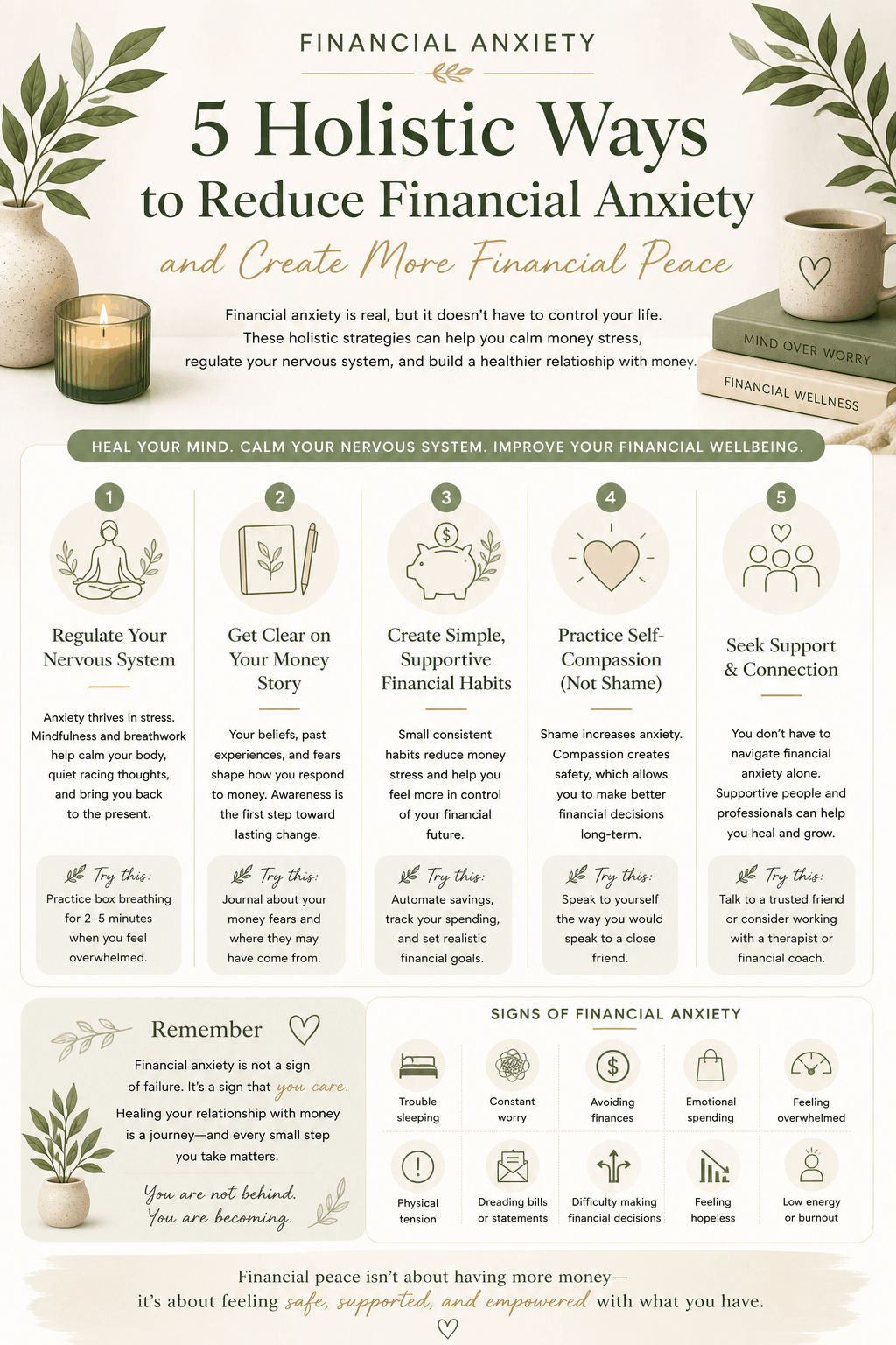 Infographic explaining holistic strategies for reducing financial anxiety, managing money stress, regulating the nervous system, and improving emotional financial wellbeing.