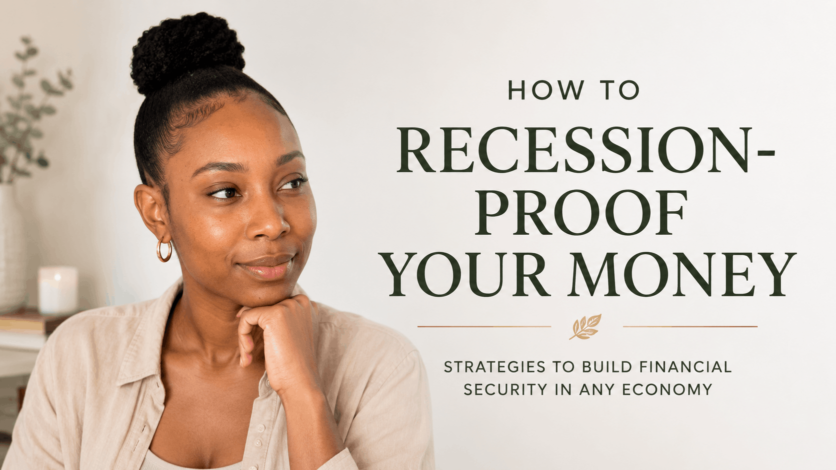 Editorial-style blog cover featuring a Black woman reviewing finances in a calming workspace representing recession-proof finances, financial security, and wealth building during economic uncertainty.