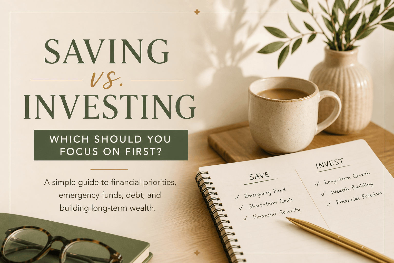 Saving vs investing blog cover featuring a financial planning notebook, coffee mug, and neutral wellness-inspired workspace illustrating financial priorities and long-term wealth building.